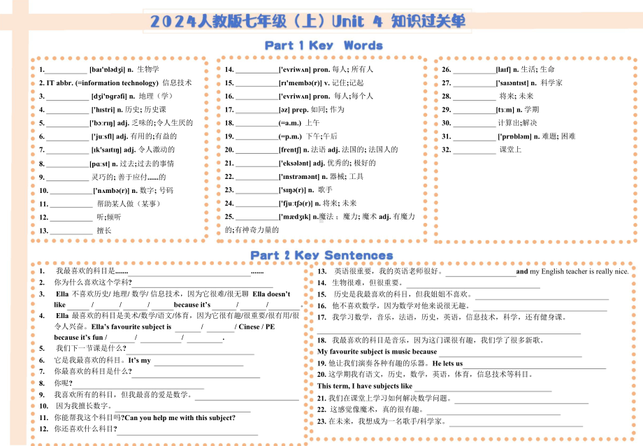 2024新人教版七年级上册《英语》Units 4-5 单元知识过关单.docx_第1页