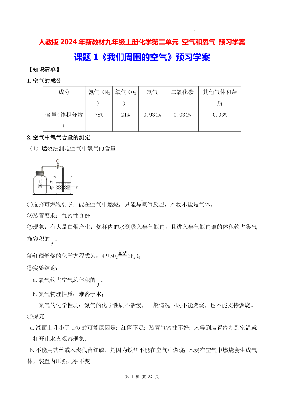 人教版2024年新教材九年级上册化学第二单元 空气和氧气 预习学案（含练习题及答案）.docx_第1页