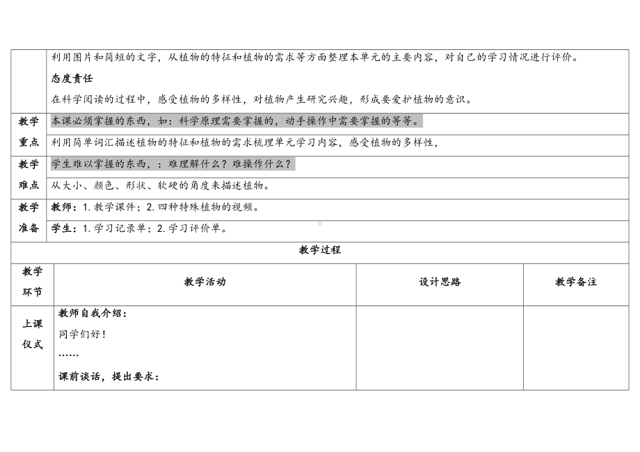 1.7《周围的植物》单元小结和科学阅读 表格式教学设计-（2024新教材)教科版一年级上册《科学》.docx_第2页