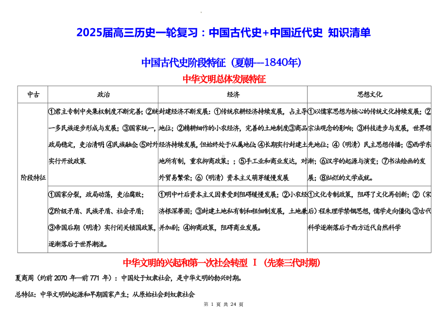 2025届高三历史一轮复习：中国古代史+中国近代史 知识清单.docx_第1页