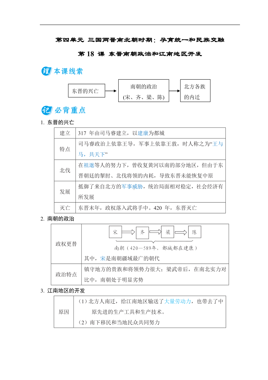 第18 课 东晋南朝政治和江南地区开发 基础知识背记册-（2024新部编）统编版七年级上册《历史》.doc_第1页