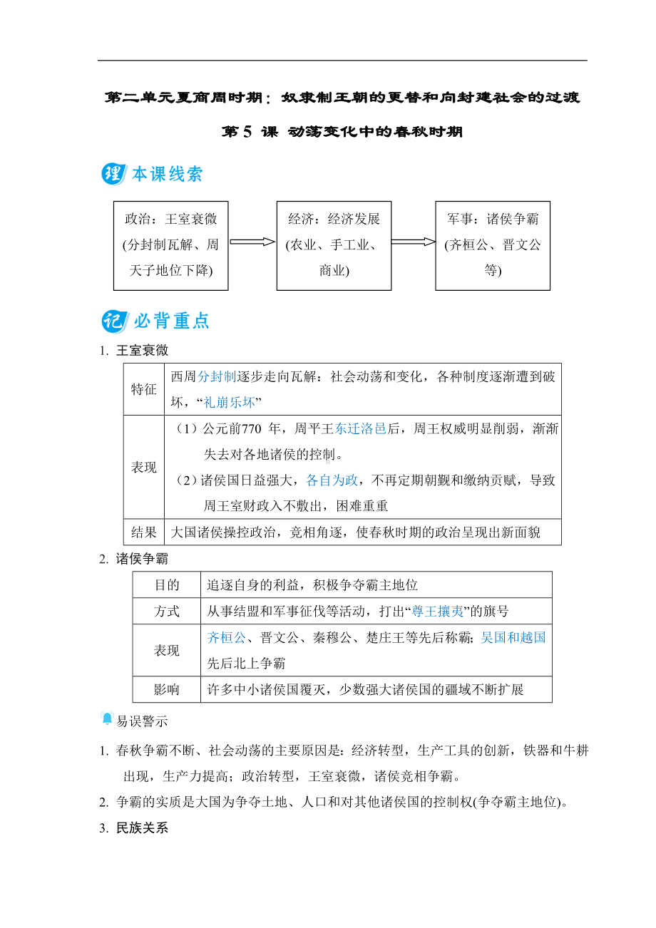 第5 课 动荡变化中的春秋时期 基础知识背记册-（2024新部编）统编版七年级上册《历史》.doc_第1页