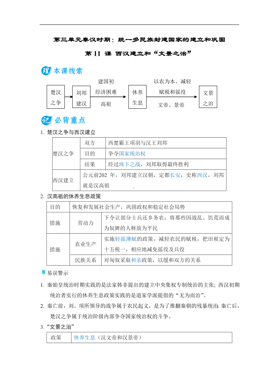 第11 课 西汉建立和“文景之治” 基础知识背记册-（2024新部编）统编版七年级上册《历史》.doc_第1页