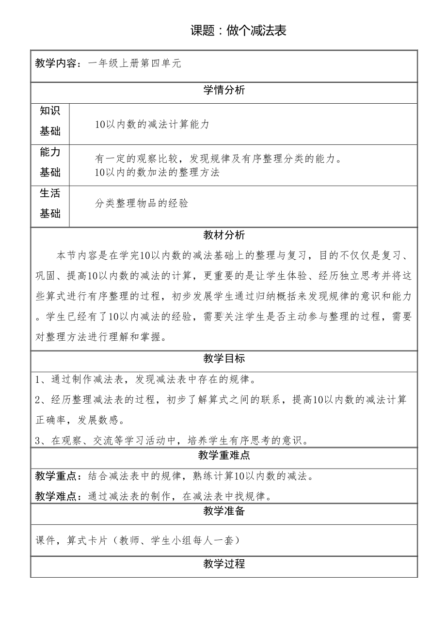 4.11《做个减法表》 （教学设计）-2024新北师大版一年级上册《数学》.docx_第1页