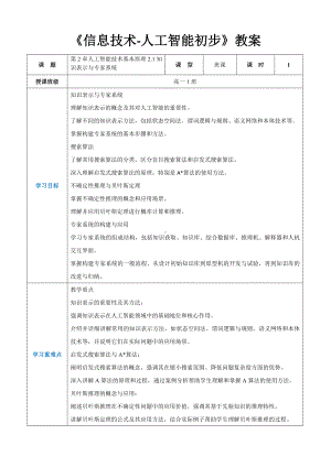 第2章人工智能技术基本原理2.1知识表示与专家系统 教案（表格式）-2024新人教中图版（2019）《高中信息技术》选择性必修第四册.docx