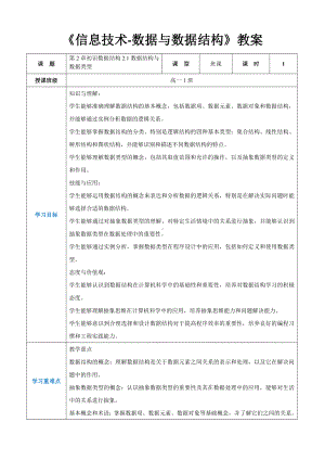 第2章初识数据结构2.1数据结构与数据类型 教案（表格式）-2024新人教中图版（2019）《高中信息技术》选择性必修第一册.docx