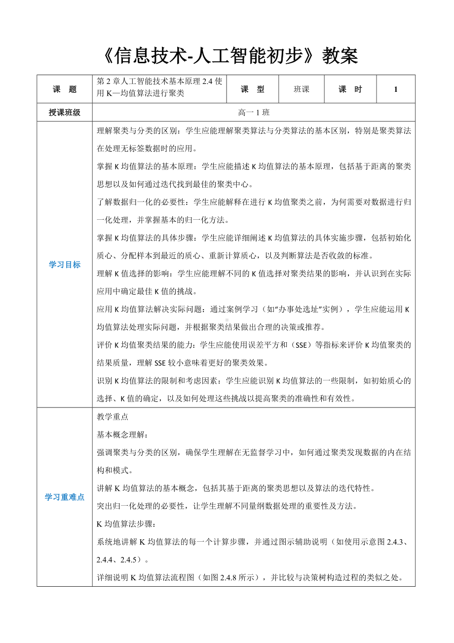 第2章人工智能技术基本原理2.4使用K—均值算法进行聚类-教案（表格式）-2024新人教中图版（2019）《高中信息技术》选择性必修第四册.docx_第1页