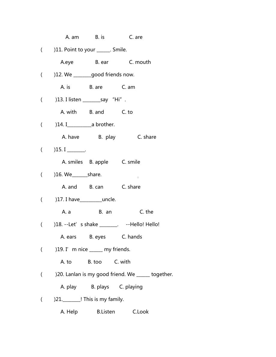 2024新人教PEP版三年级上册《英语》Unit1--Unit 6（单项选择专项练习）.docx_第2页