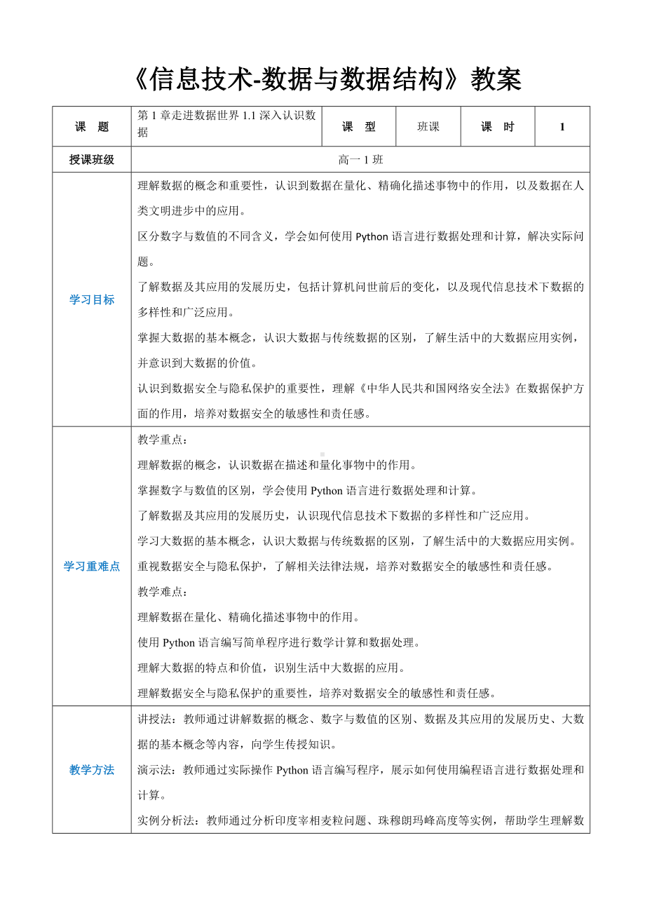 第1章走进数据世界1.1深入认识数据教案（表格式）-2024新人教中图版（2019）《高中信息技术》选择性必修第一册.docx_第1页