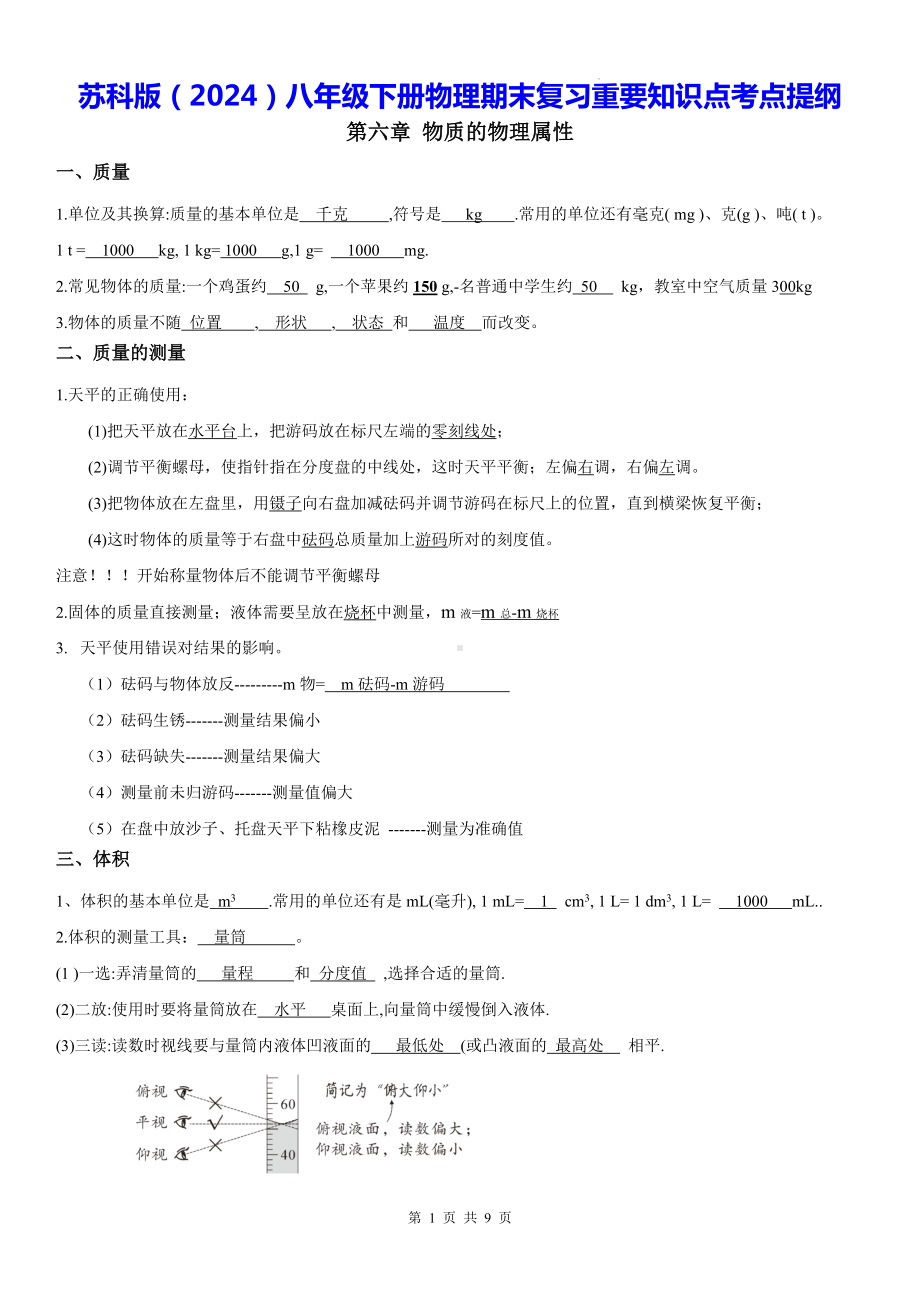 苏科版（2024）八年级下册物理期末复习重要知识点考点提纲.docx_第1页