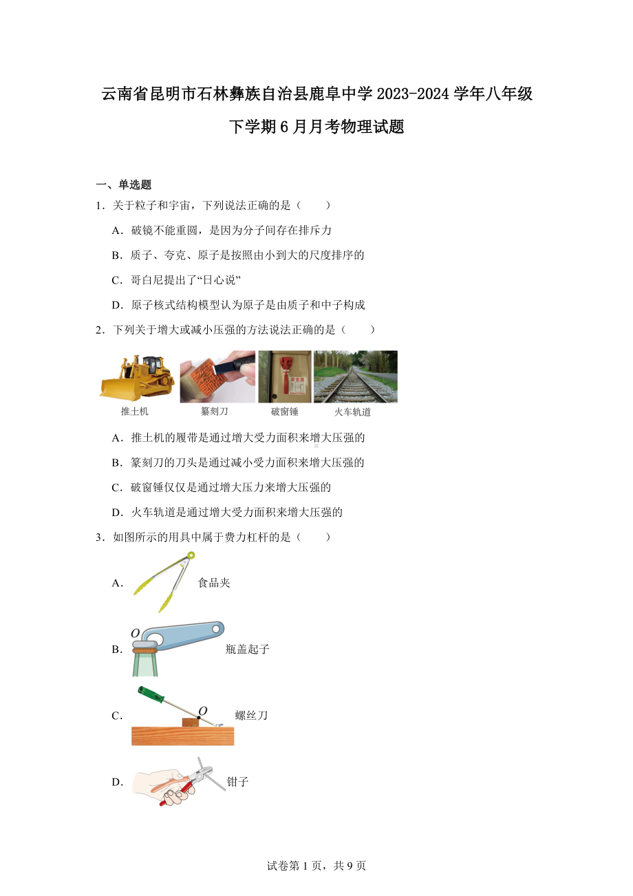 云南省昆明市石林彝族自治县鹿阜中学2023-2024学年八年级下学期6月月考物理试题.docx_第1页