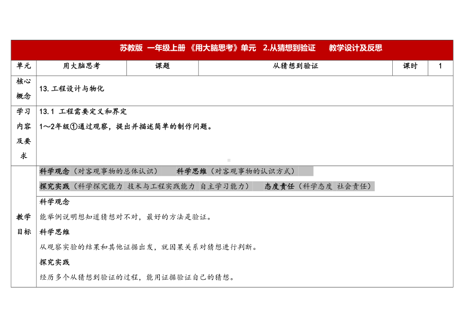 3.2《从猜想到验证》表格式 教学设计 -2024新苏教版一年级上册《科学》.docx_第1页