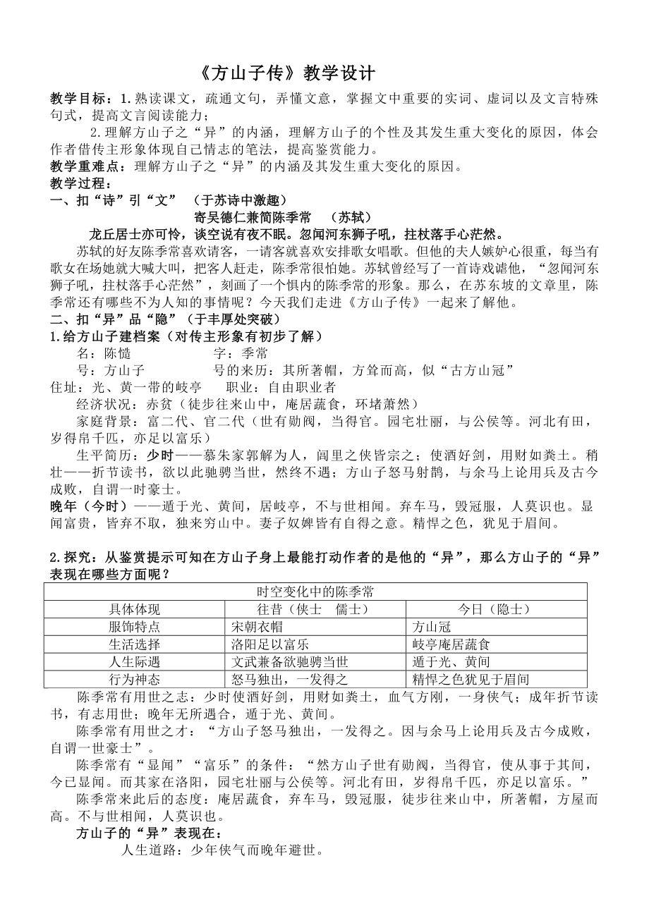 2020—2021学年人教版高中语文选修《中国古代诗歌散文欣赏》第四单元《方山子传》教案 .docx_第1页