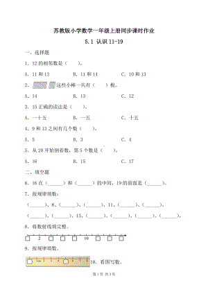 2024新苏教版一年级数学上册第五单元第1课《认识11~19》作业及答案.docx