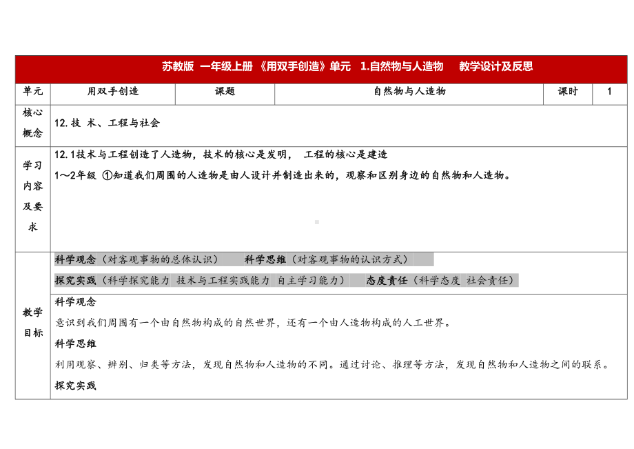 4.1《自然物与人造物》 表格式 教学设计 -2024新苏教版一年级上册《科学》.docx_第1页