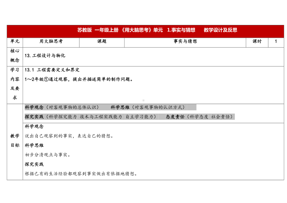 3.1《事实与猜想》 表格式 教学设计-2024新苏教版一年级上册《科学》.docx_第1页