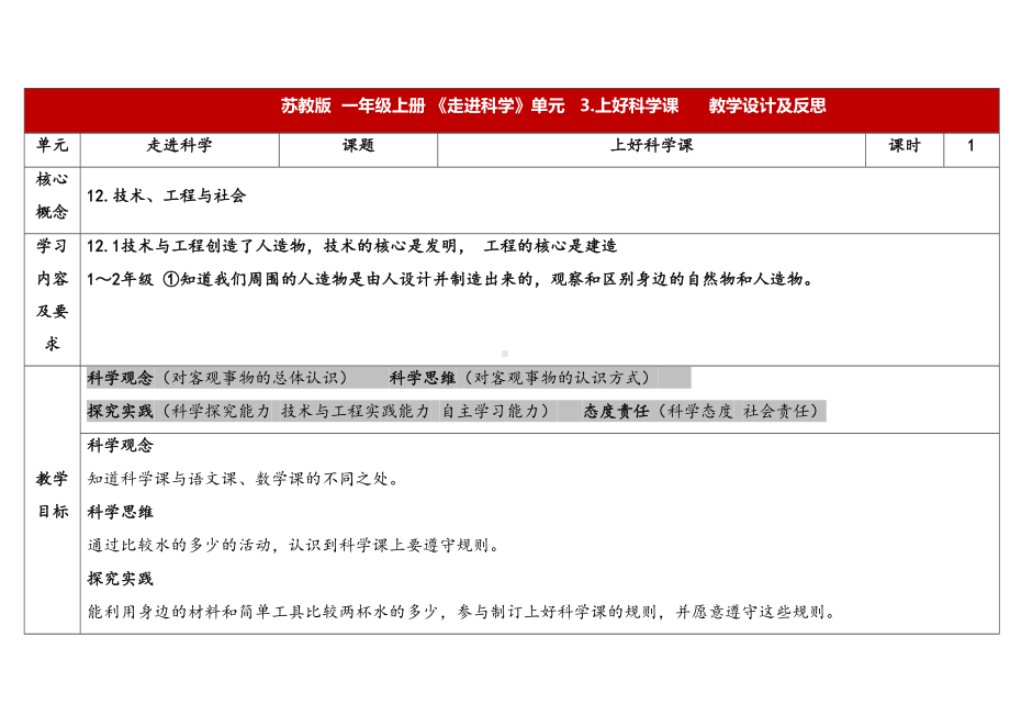 1.3《上好科学课》表格式 教学设计 -2024新苏教版一年级上册《科学》.docx_第1页