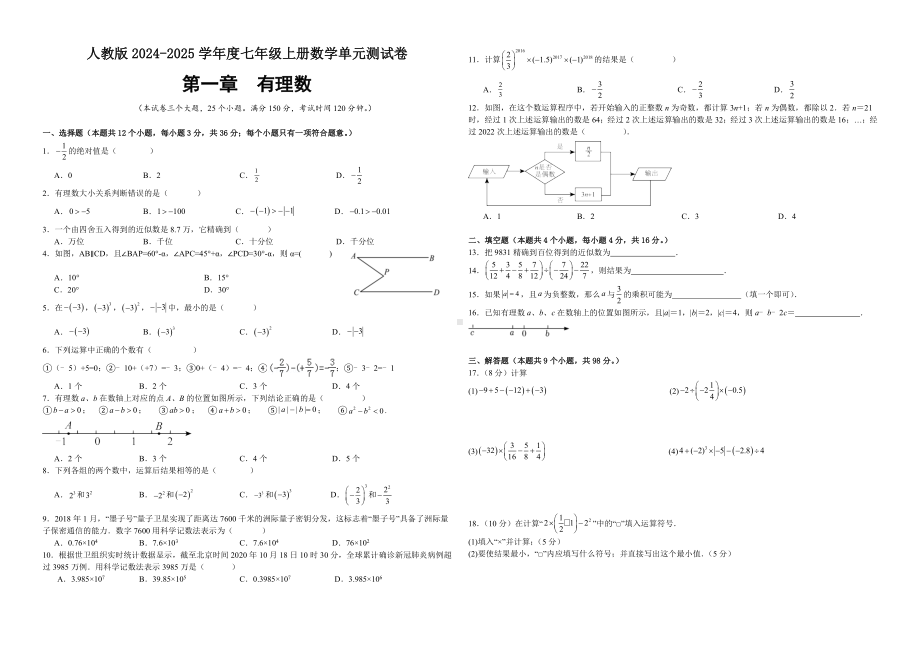 2024新人教版七年级上册《数学》第一章 有理数 单元测试卷 .docx_第1页