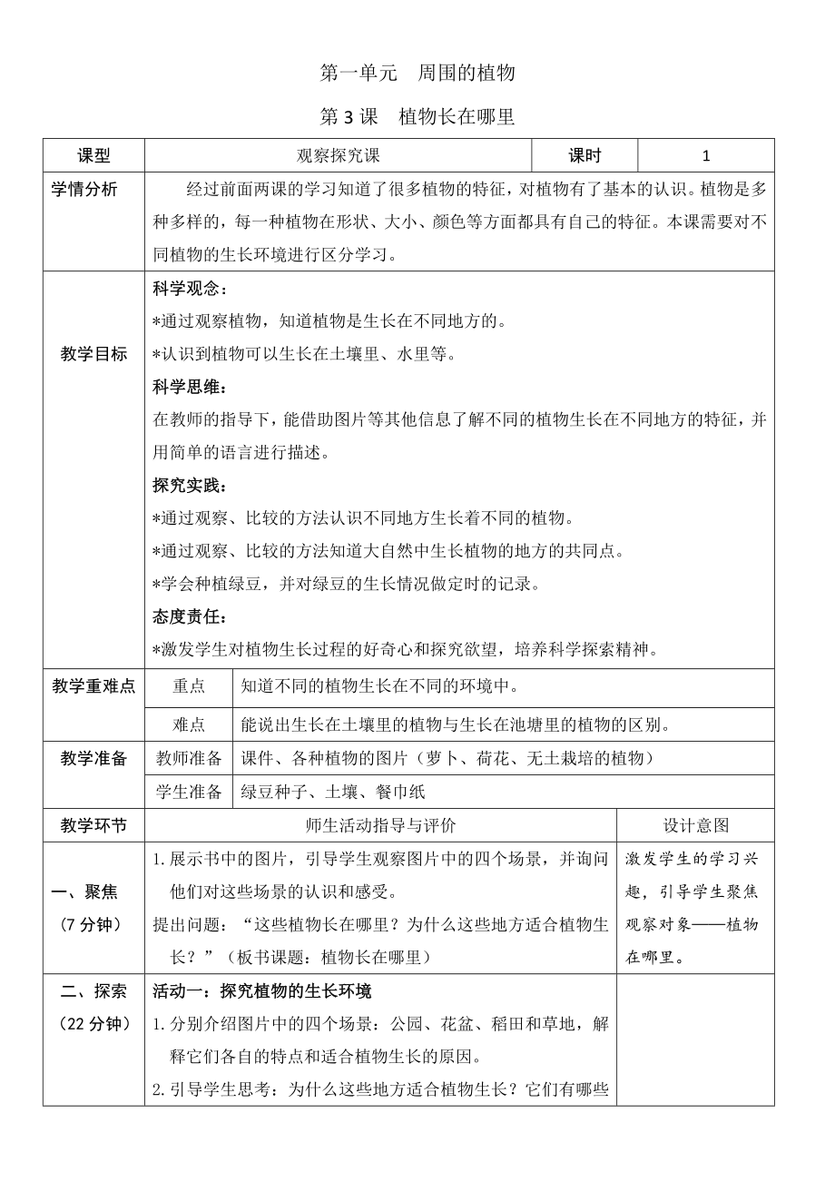 1.3 植物长在哪里教学设计-2024年教科版一年级上册科学.docx_第1页