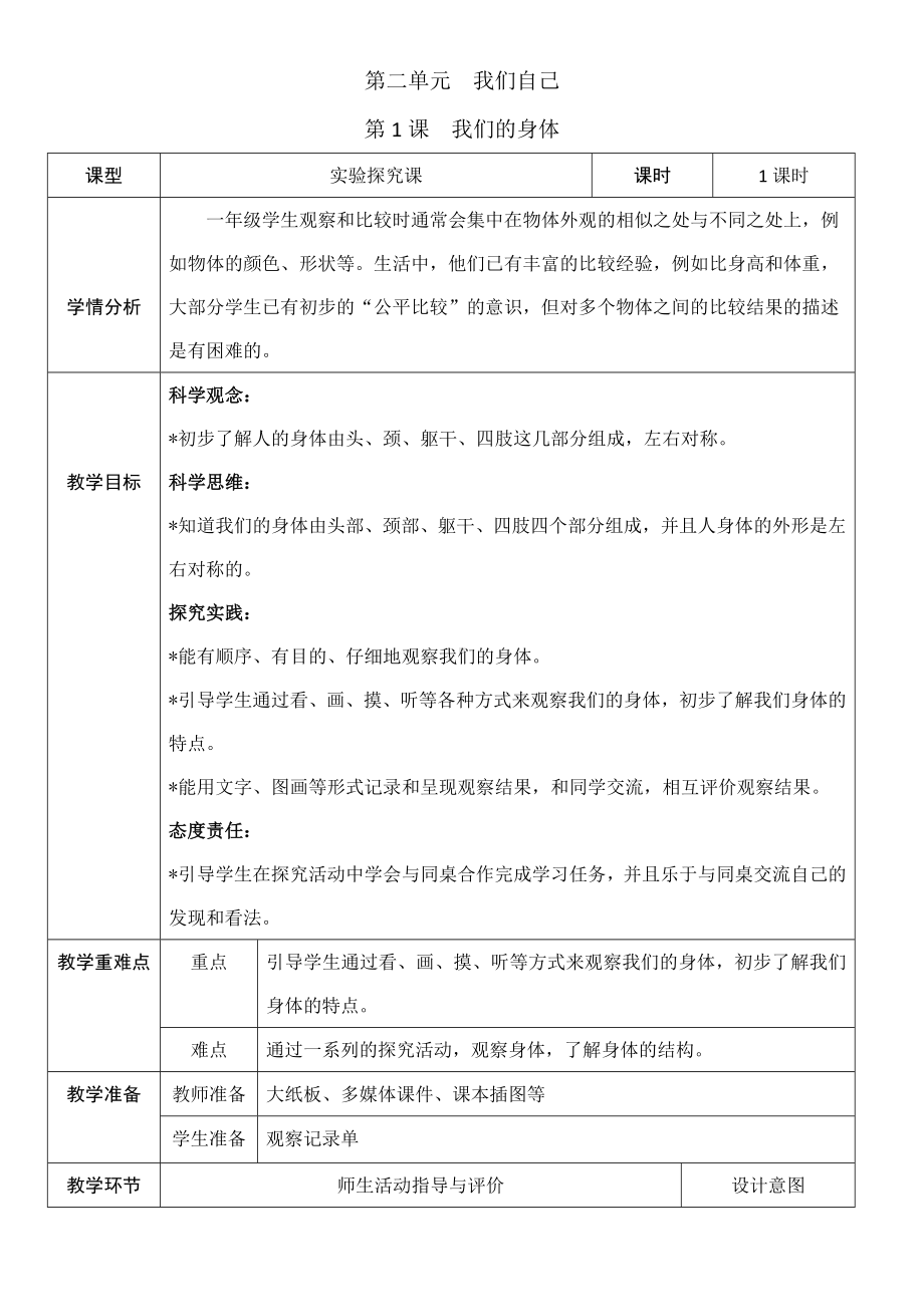 2.1 我们的身体 教学设计-2024年教科版一年级上册科学.docx_第1页