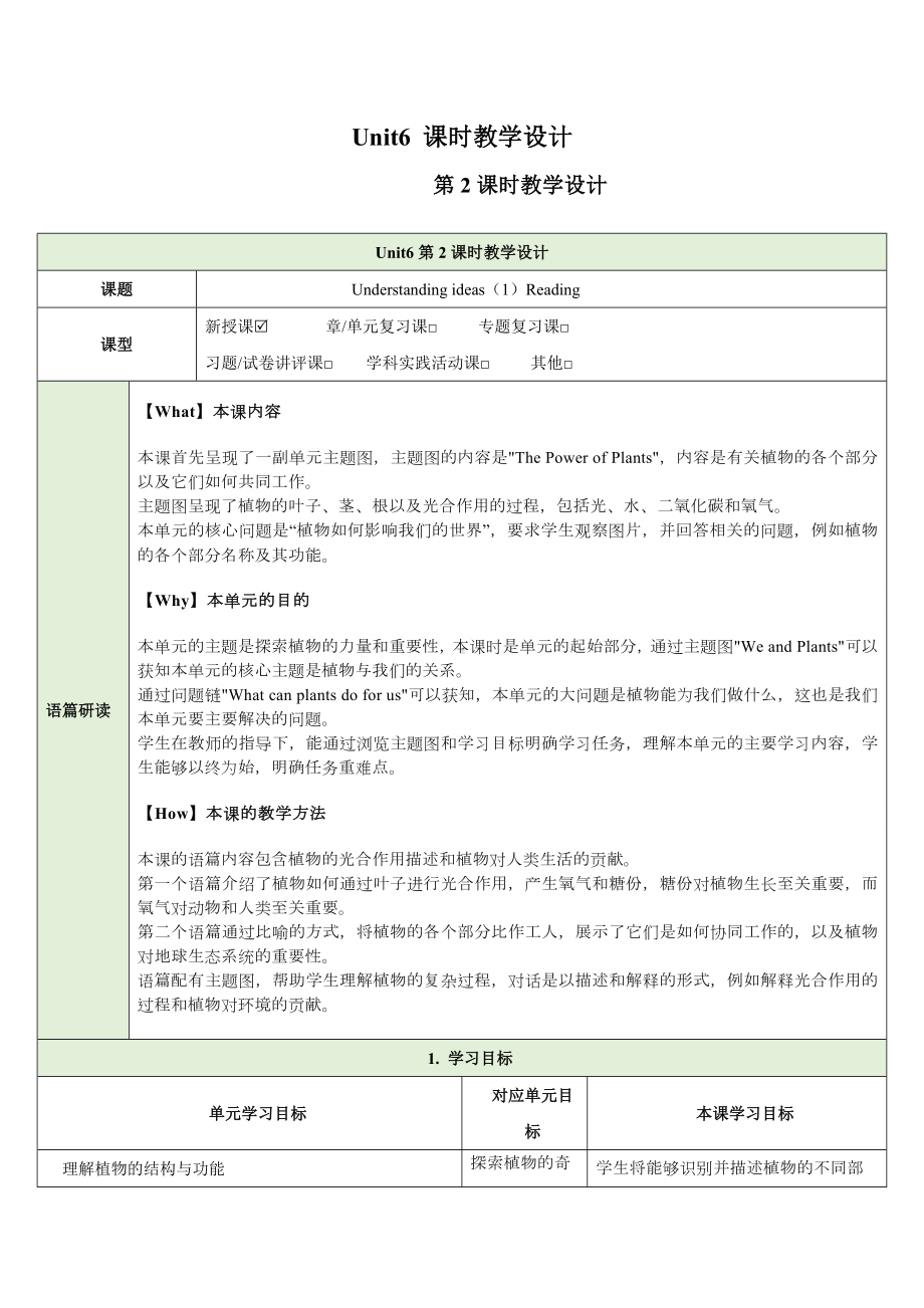 Unit 6 The power of plants 第2课时understanding ideas 教学设计-2024新外研版七年级上册《英语》.docx_第1页