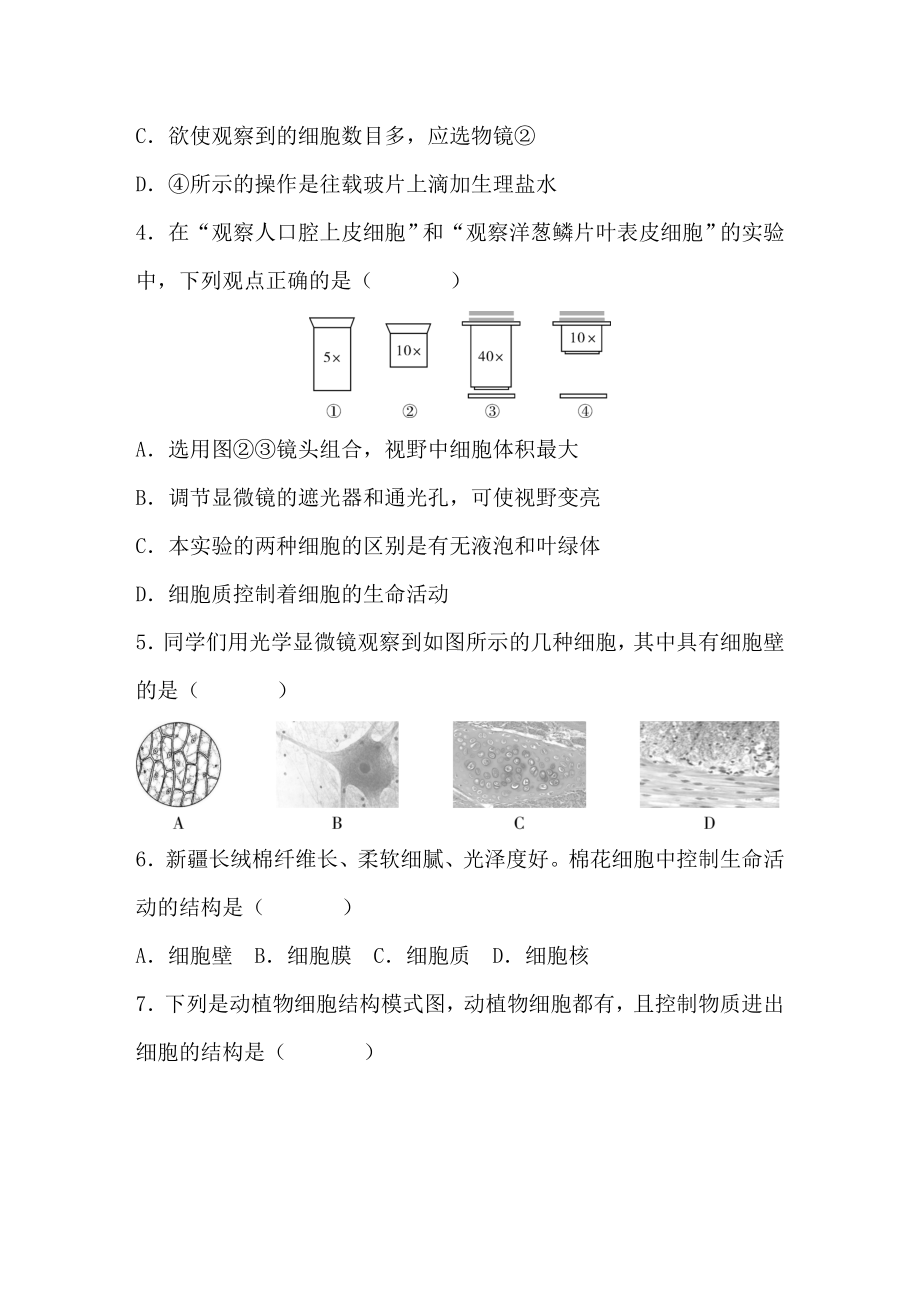 第2单元　生物体的结构 达标测试卷（含答案）北师大版（2024）生物七年级上册.DOC_第2页