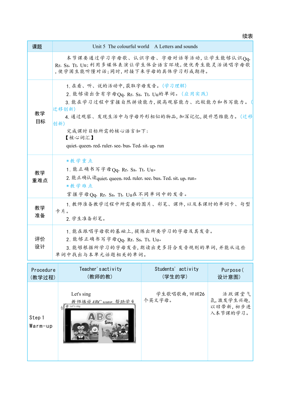 2024新人教PEP版三年级上册《英语》Unit 5 The colourful world Part A Letters and sounds大单元整体教学设计(表格式）.docx_第2页