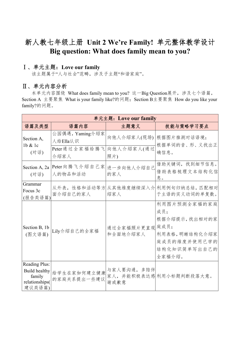 Unit 2 We're Family 单元整体教学设计 -2024新人教版七年级上册《英语》.docx_第1页