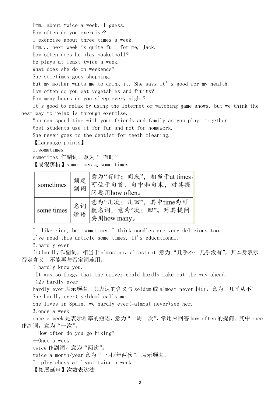 初中英语人教新目标八年级上册Unit2 How often do you rcise知识点.doc_第2页