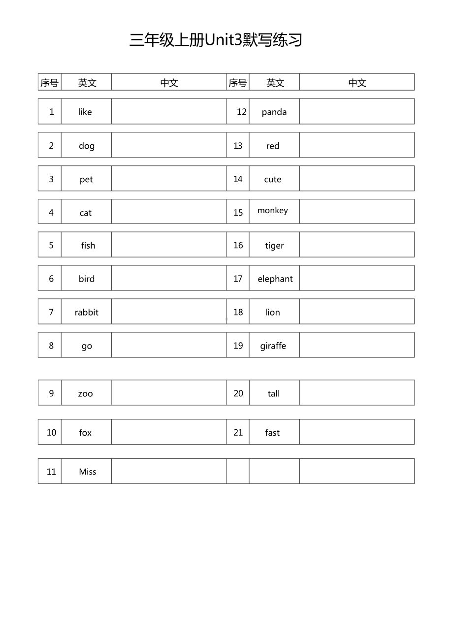 2024新人教PEP版三年级上册《英语》Unit3默写练习（英-中）.docx_第1页