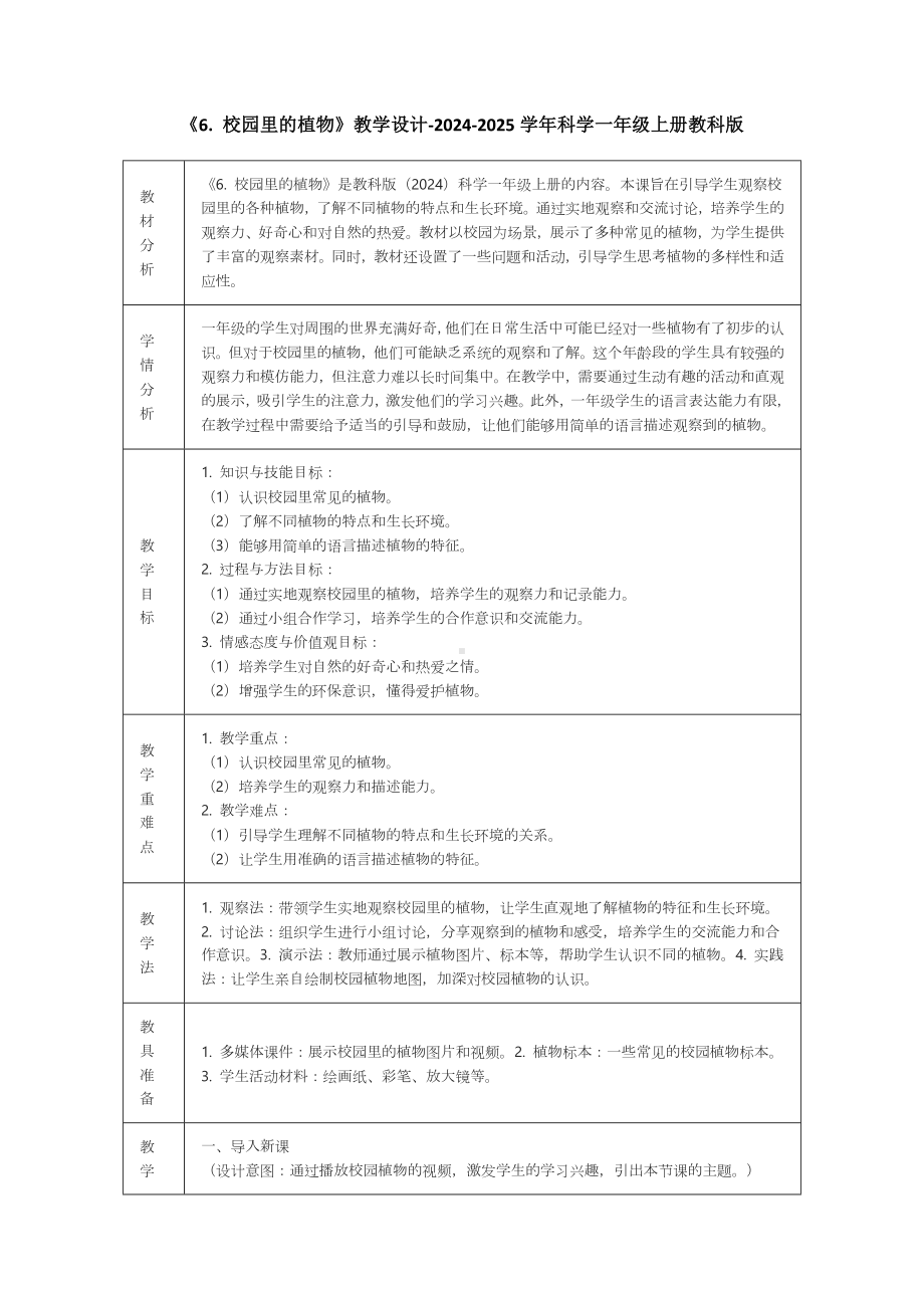 《6. 校园里的植物》教学设计（表格式）-2024新教科版一年级上册《科学》.docx_第1页