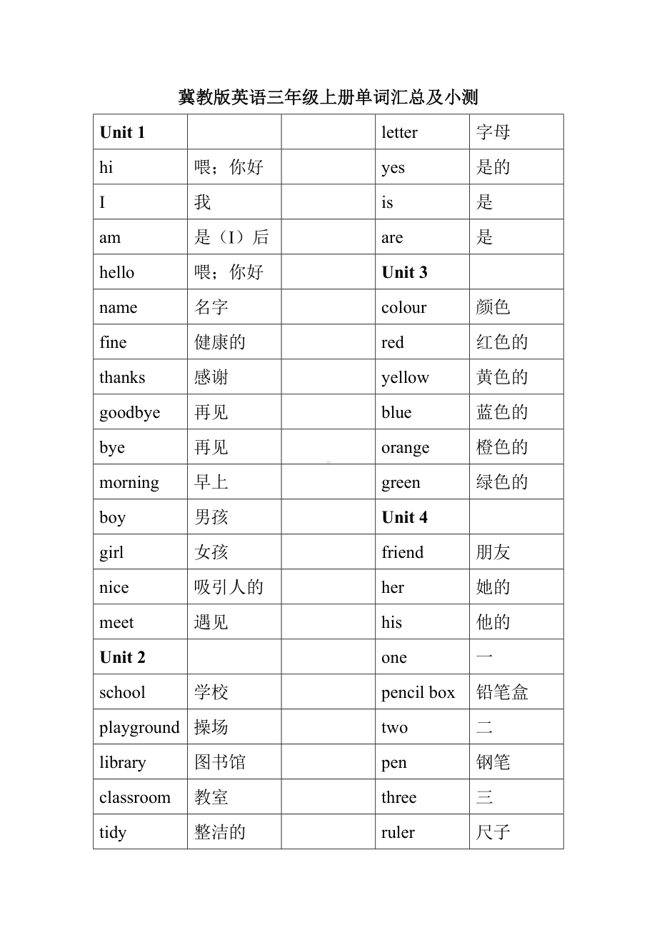 2024新冀教版（三起）三年级上册《英语》单词汇总及小测（知识清单）（无答案）.docx_第1页