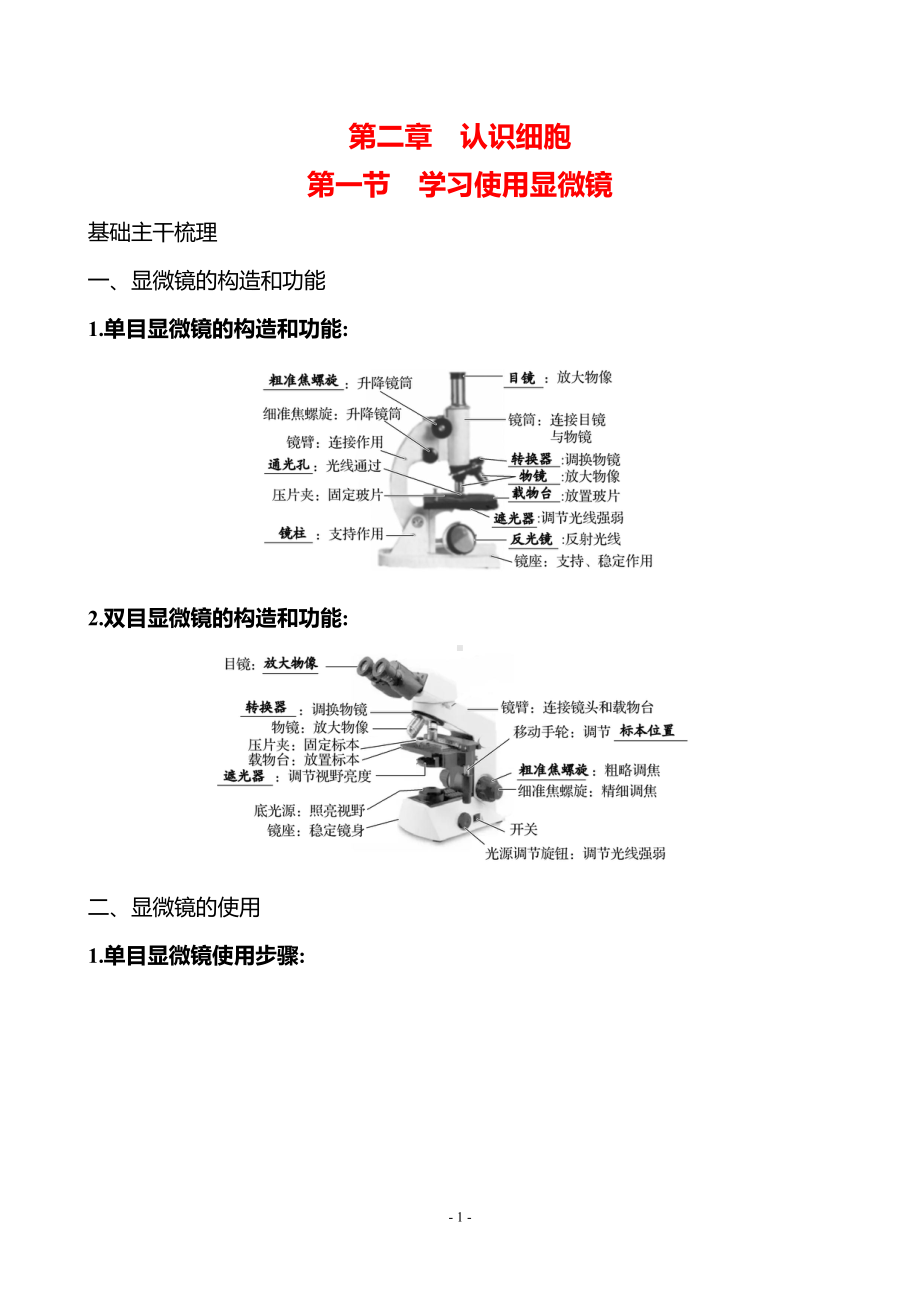 生物人教版7年级上（2024）第一单元　第二章　第一节　学习使用显微镜（教案）.docx_第1页