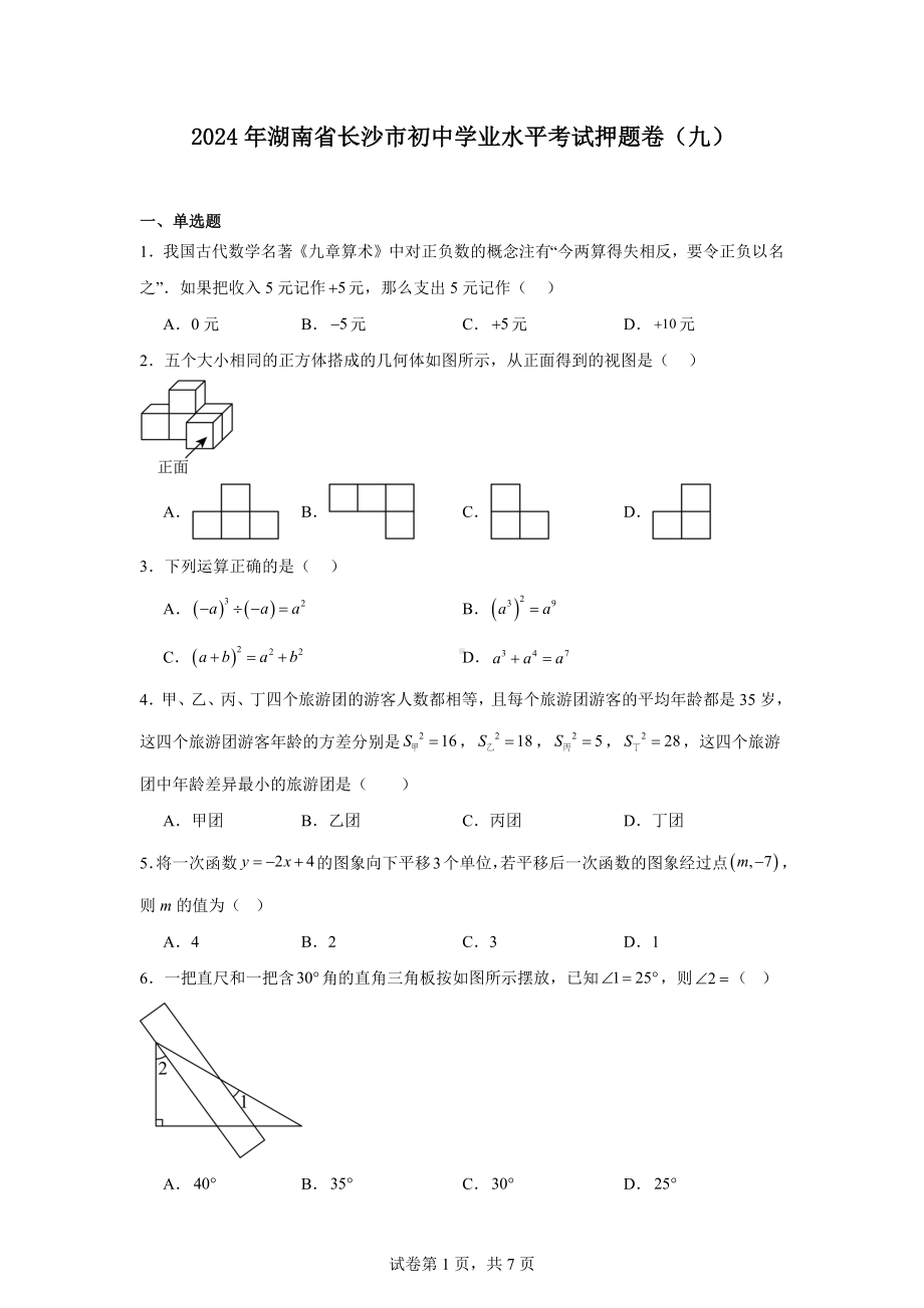 2024年湖南省长沙市初中学业水平考试押题卷数学（九）.docx_第1页