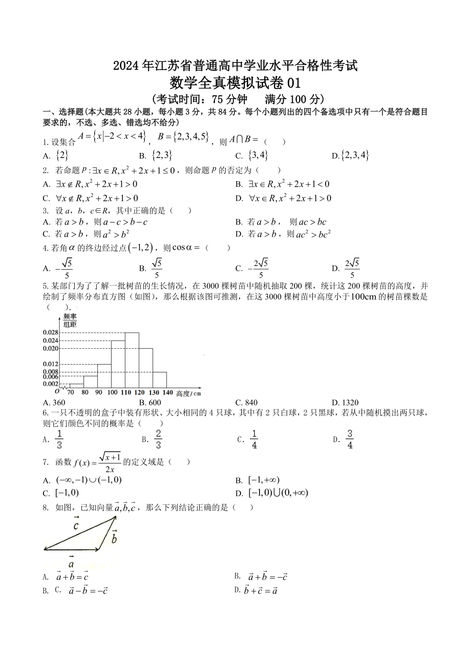 2024年江苏省普通高中学业水平合格性考试数学全真模拟试卷01.rar