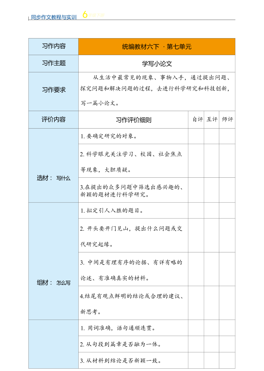 小学语文六年级下册单元作文评价表：学写小论文.docx_第1页