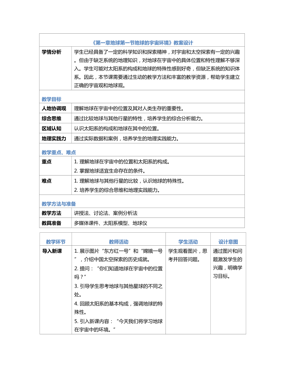 [核心素养]1.1《地球的宇宙环境》教案（表格式）-（2024新）人教版七年级《地理》上册.rar