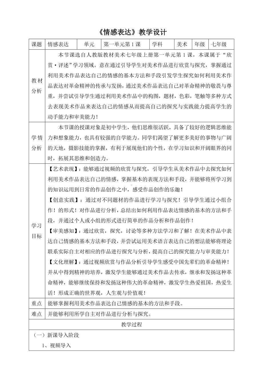 第一单元 第一课 情感表达 教学设计-2024新人教版七年级上册《美术》.docx_第1页