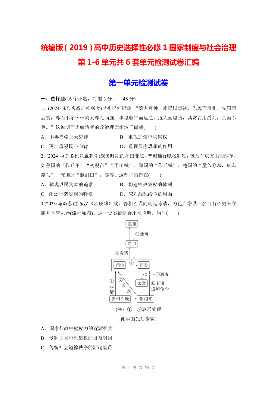 统编版（2019）高中历史选择性必修1国家制度与社会治理第1-6单元共6套单元检测试卷汇编（含答案）.docx_第1页