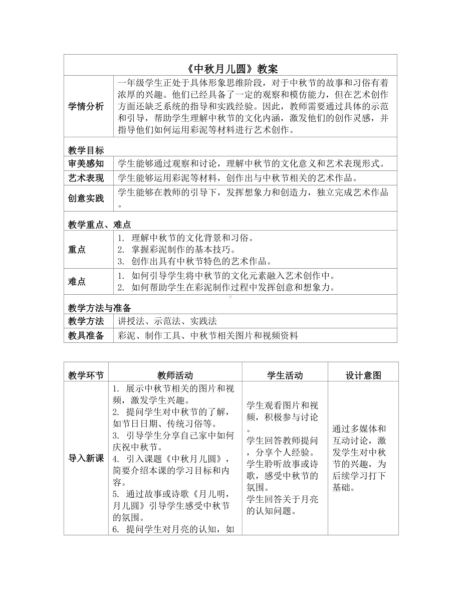 第5课 中秋月儿圆 教案（表格式）-2024新人教版一年级上册《美术》.docx_第1页