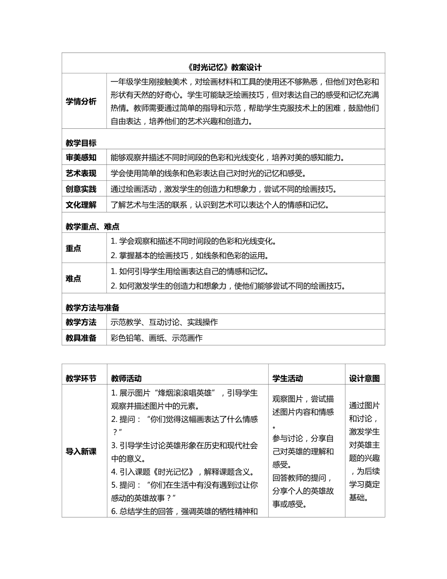 第2课 时光记忆教学设计（表格式）-2024新人教版一年级上册《美术》.docx_第1页