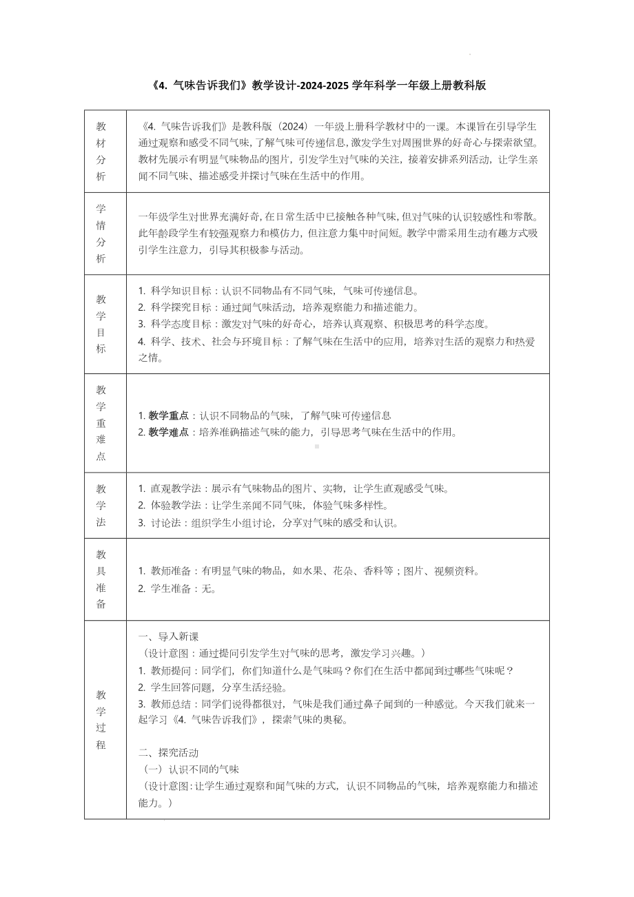 《4. 气味告诉我们》教学设计-2024新教科版一年级上册《科学》.docx_第1页