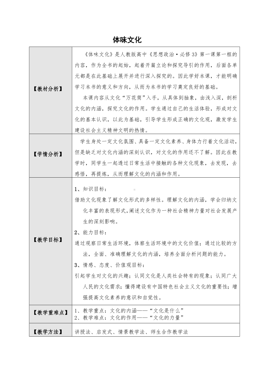 1.1体味文化 教案-2020-2021学年高中政治人教版必修三文化生活.doc_第1页