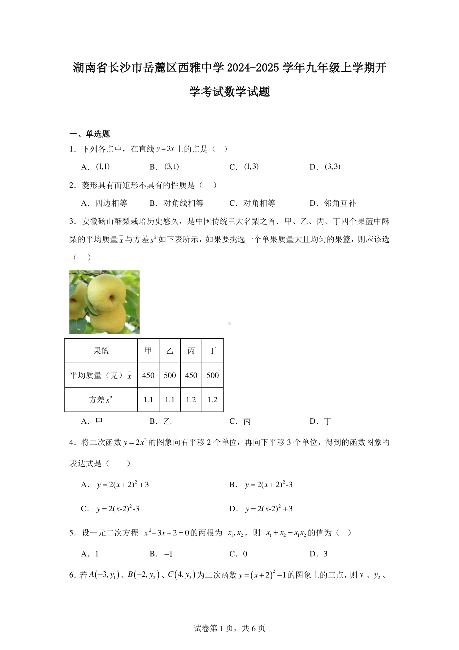 湖南省长沙市岳麓区西雅中学2024-2025学年九年级上学期开学考试数学试题.pdf_第1页