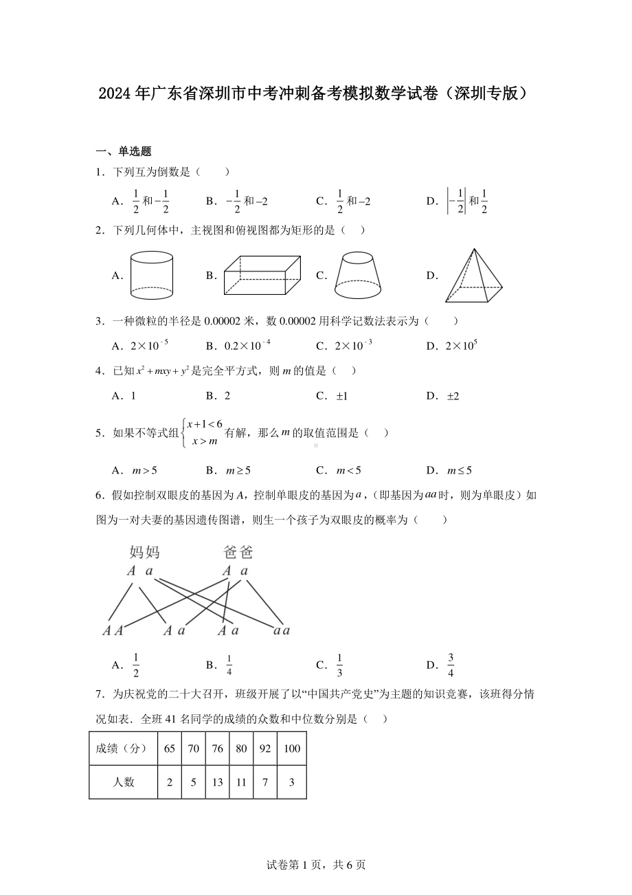 2024年广东省深圳市中考冲刺备考模拟数学试卷(深圳专版).pdf_第1页