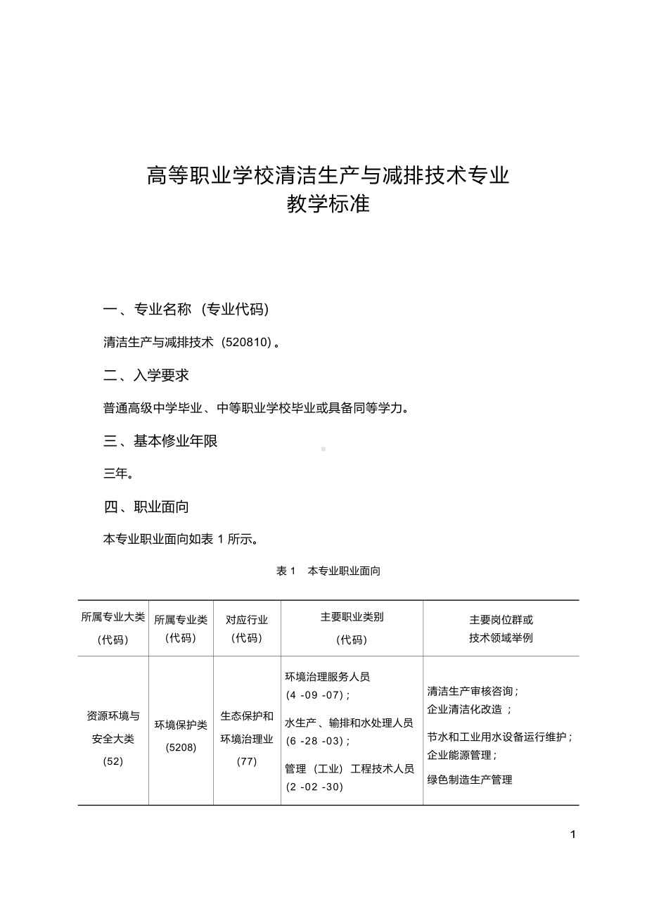 高职学校清洁生产与减排技术专业教学标准.docx_第1页