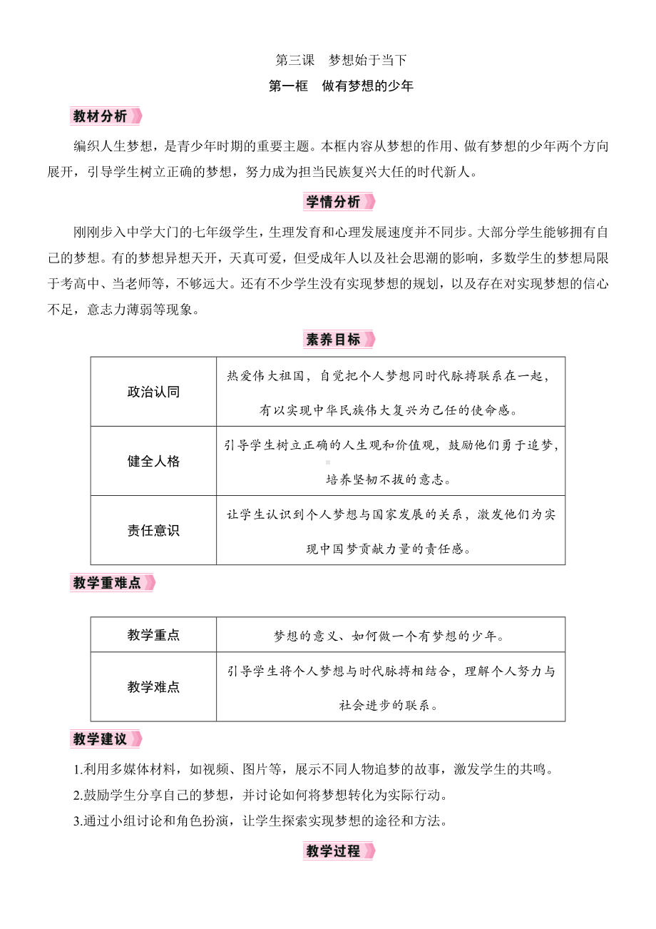 3.1做有梦想的少年 教学设计 [核心素养目标]-（2024新部编）统编版七年级上册《道德与法治》.docx_第1页