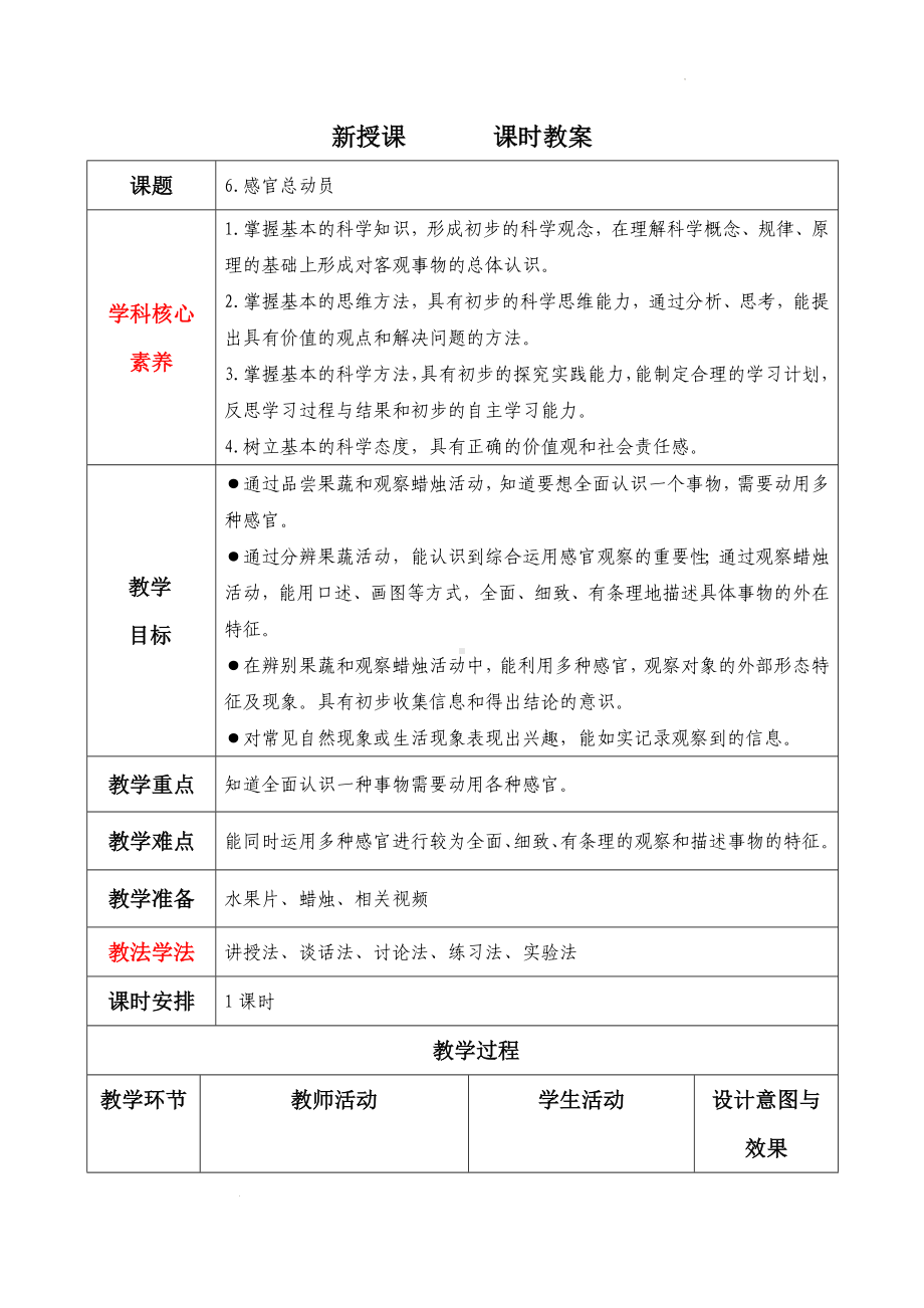 6《感官总动员》（教学设计）-2024新苏教版一年级上册《科学》.docx_第1页