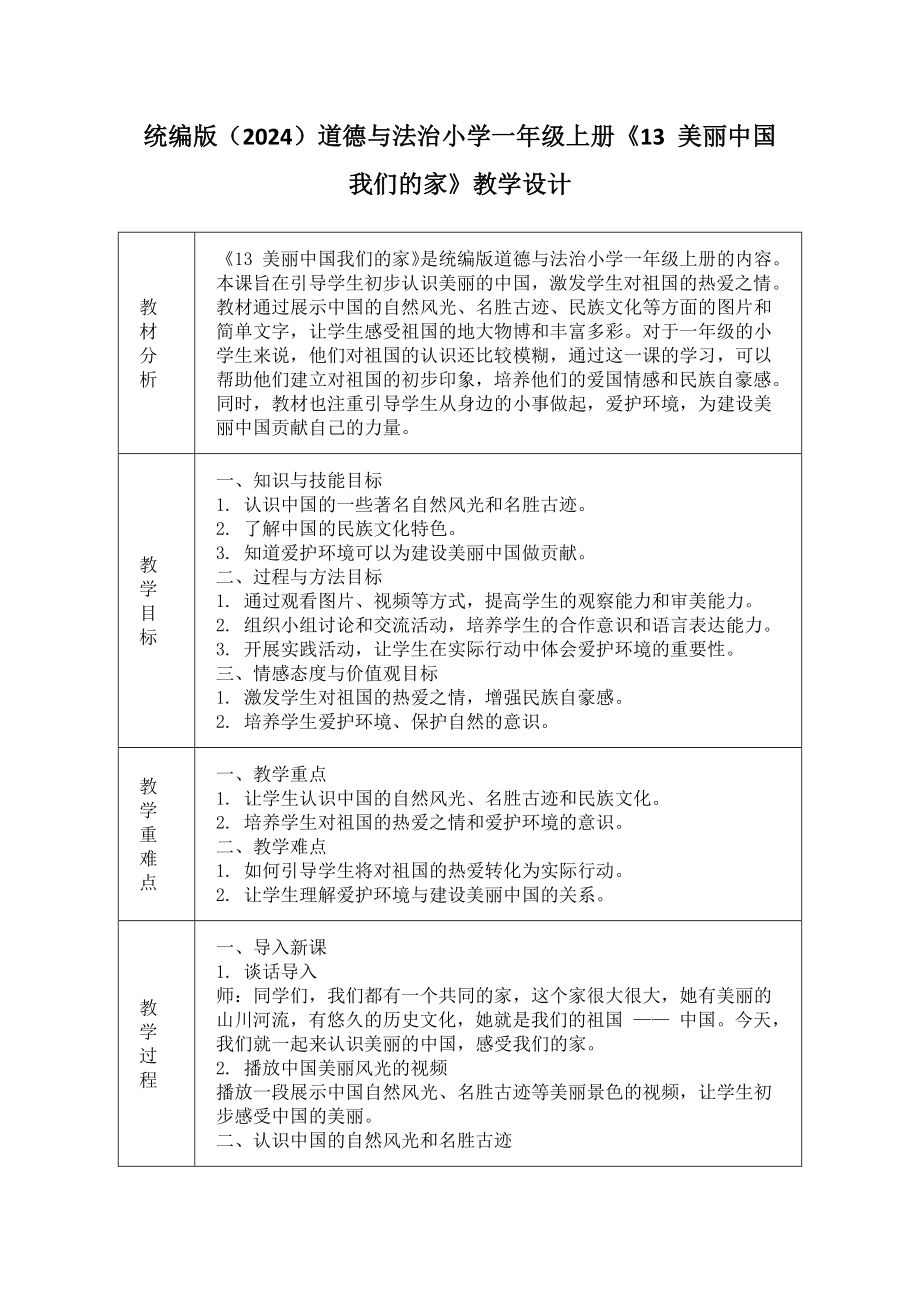 13 美丽中国我们的家 教学设计-（2024部）统编版一年级上册《道德与法治》.docx_第1页