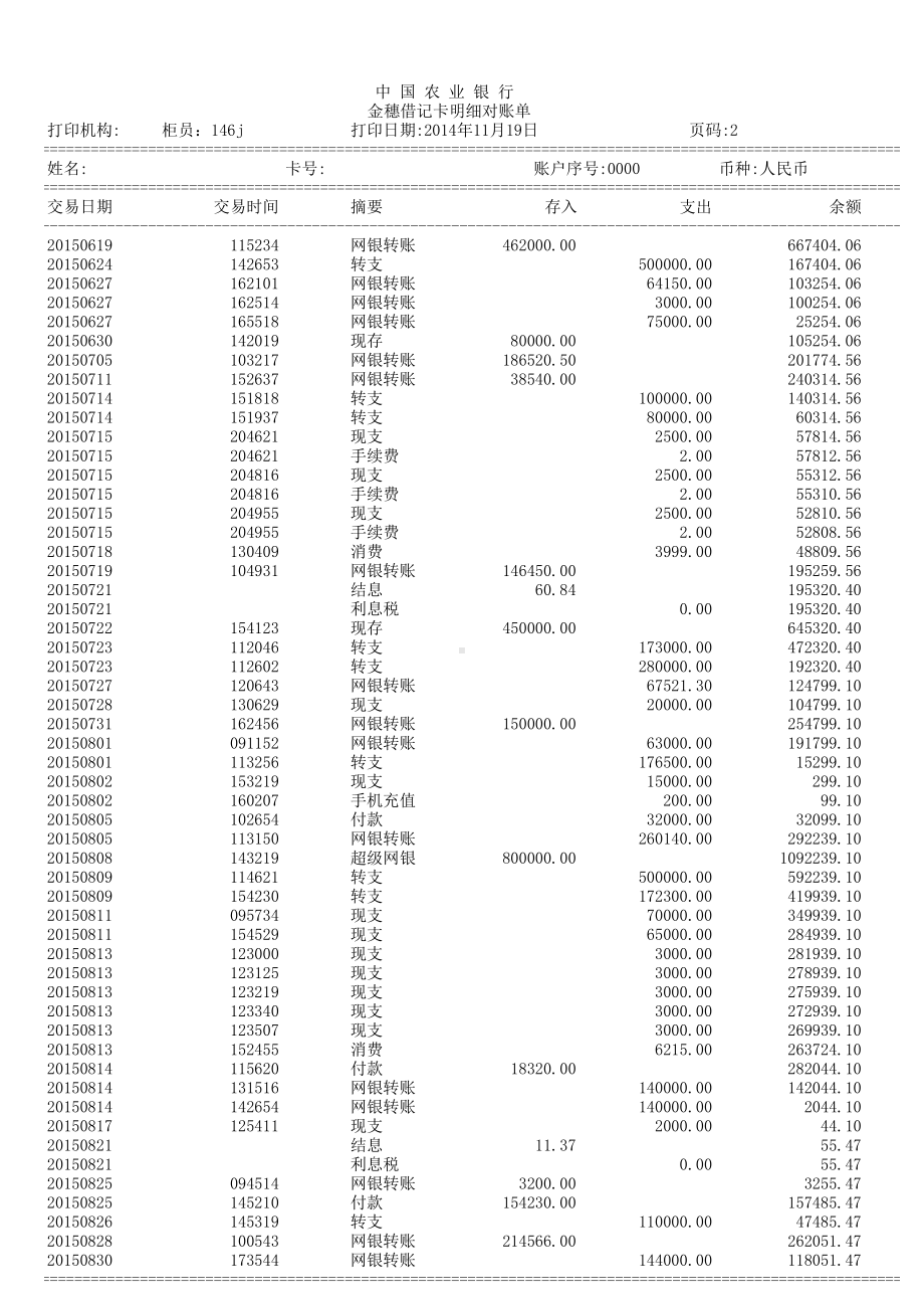 最新农行流水模版.xls_第2页